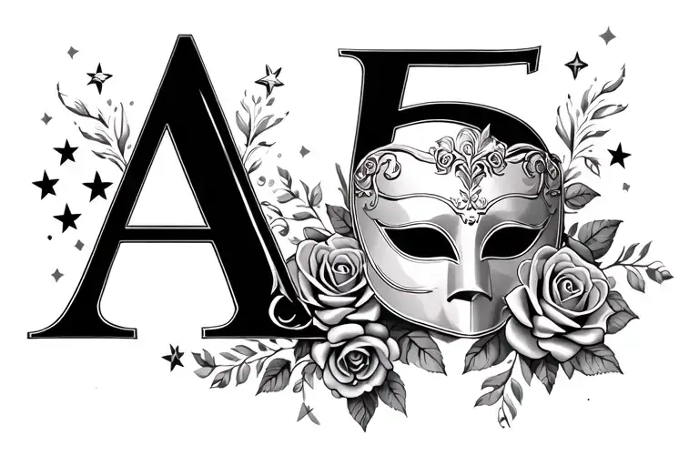   Letter A and the number 5 with roses, stars, and Mardi Gras mask  tattoo design idea
