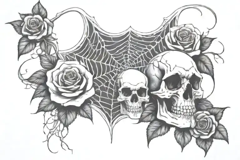 spider web and skull and roses entwined tattoo design idea