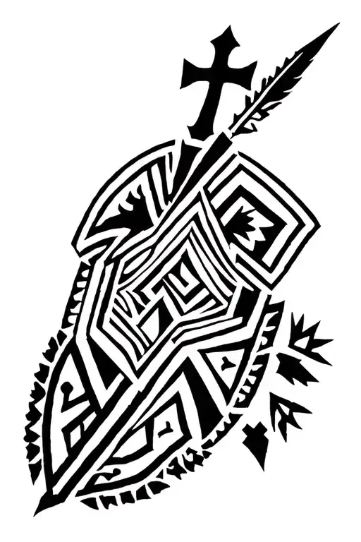 Geometric tribal design using ethiopian designs, that includes a shield, spear head, lion and a cross tattoo design idea
