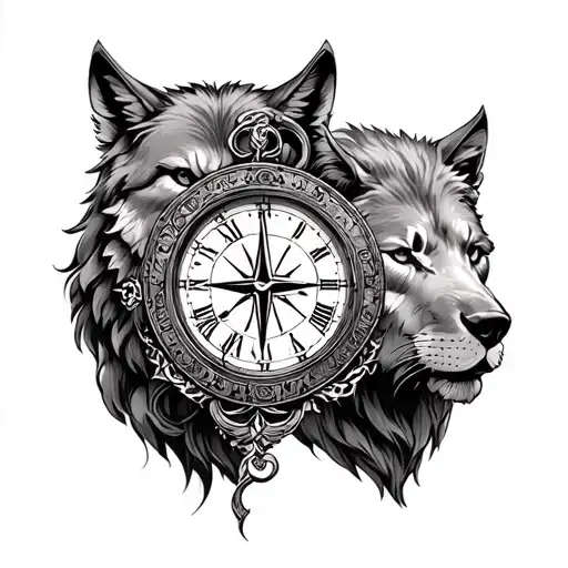 clock , compass, ship, wolf, and lion full hand sleeve tattoo tattoo design idea