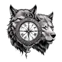 clock , compass, ship, wolf, and lion full hand sleeve tattoo tattoo design idea