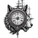 clock , compass, ship, wolf, and lion full hand sleeve tattoo tattoo design idea