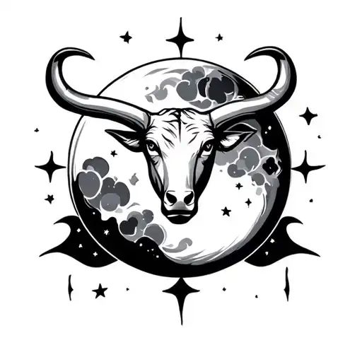Taurus zodiac sign with large moon and tiny stars behind it  tattoo design idea
