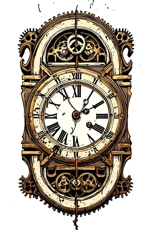 broken clock face, Roman numeral, cog tattoo design idea