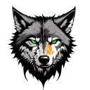 Half wolf face with green eyes, and under Viking Warrior with wounds in the face ranging from the shoulder to the elbow tattoo design idea