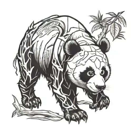 A black and white tattoo sketch design of a panda, crafted entirely through negative space, revealing the skeletal struc tattoo design idea