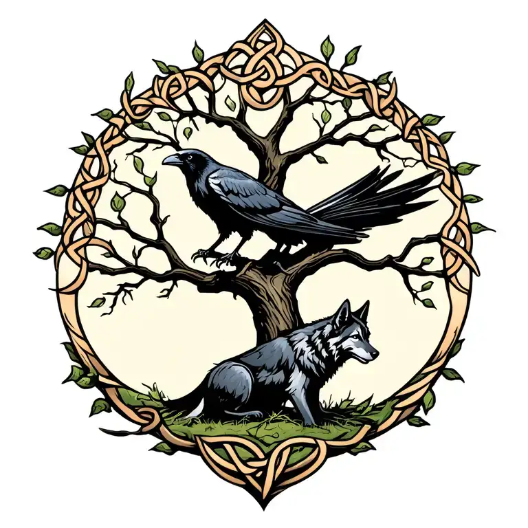 Celtic tree  a tribal raven on a branch a tribal wolf on ground in front of tree tattoo design idea