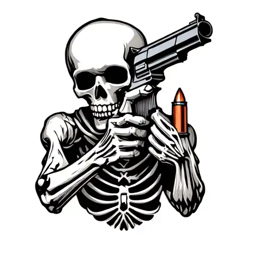 a skeleton loading a gun with a bullet of life tattoo design idea