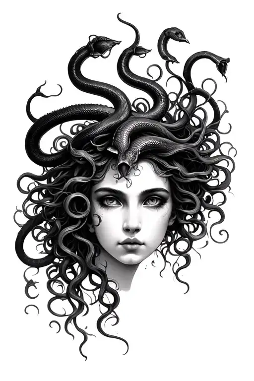 beautiful Medusa face with serpent hair and black callalillies tattoo design idea