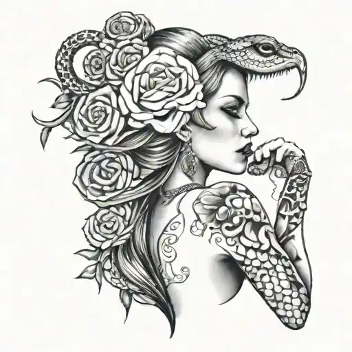  gangster girl side profile snake full back tattoo with roses and Chicano writing  tattoo design idea
