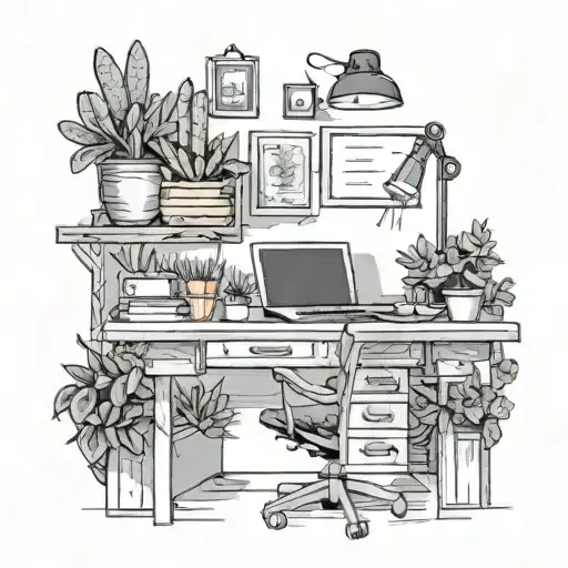 An elegant black-grey tattoo of a teacher's desk covered in succulents, showcasing the balance between work and nature tattoo design idea