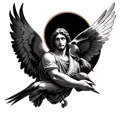 saint Christopher holding a swallow bird with its wings spread tattoo design idea