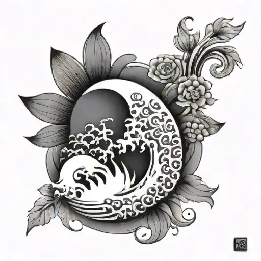 chinese wave flowers and sun tattoo design idea