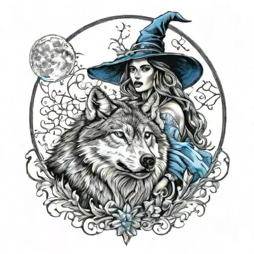 a woman witch with wolf howling at the moon with blue eyes  tattoo design idea