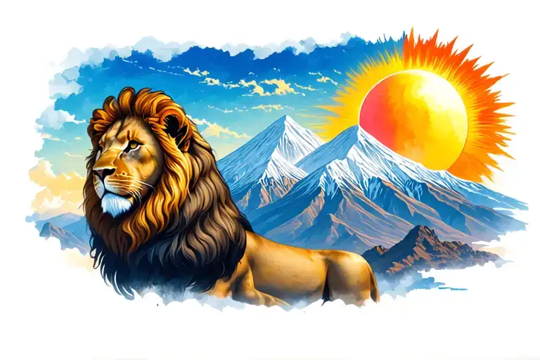The lion and the sun of the human being behind the Damavand mountain tattoo design idea