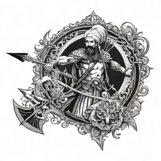 The design of an Iranian warrior with the sun, the moon, the compass, the mountain, the sea, and the arrow tattoo design idea
