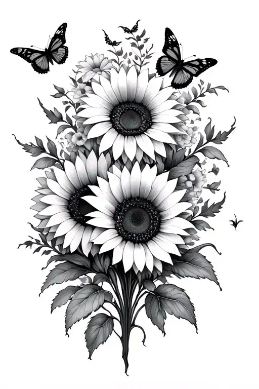 sunflowers + butterflies flying spine tattoo tattoo design idea