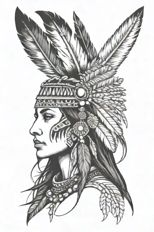 beautiful and alluring Native American woman, wearing their traditionač feather headwear tattoo design idea