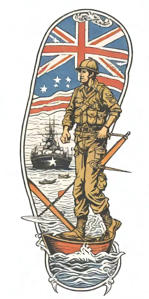 war soldier with Australian flag and boats and planes tattoo design idea