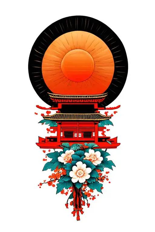 Japanese sun, Shinto shrine and flowers in a wood block print style. top center of back tattoo design idea