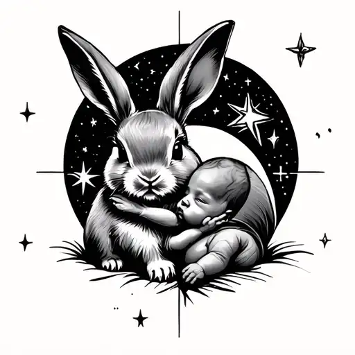 Baby Bunny and human baby in star system  tattoo design idea