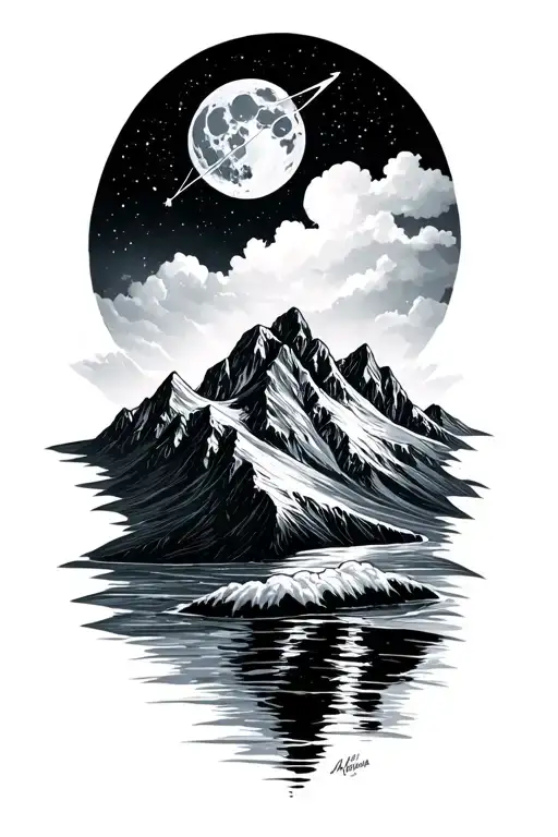 alaska mountains, ocean, full moon, big dipper tattoo design idea