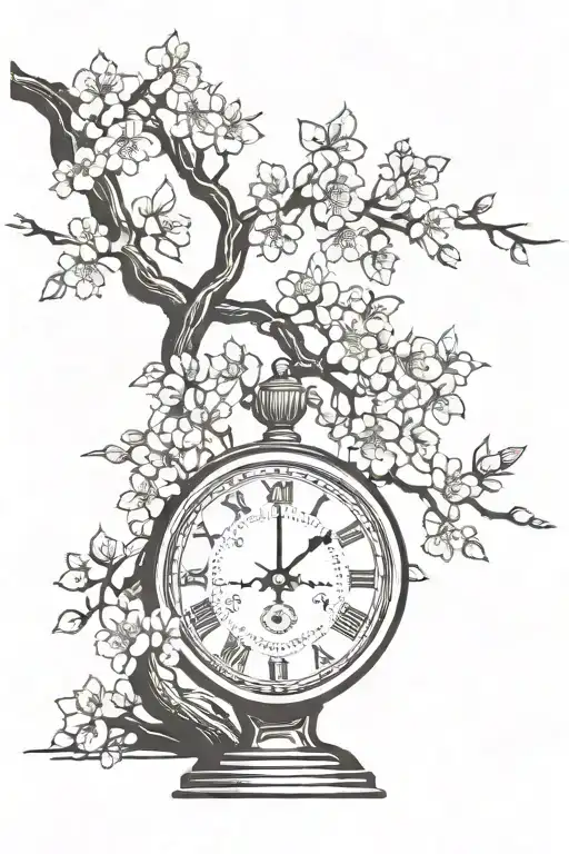 cherry blossom tree with clock  tattoo design idea