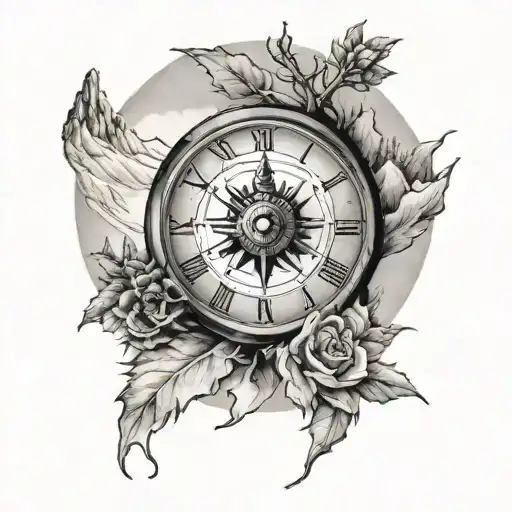 A man's tattoo that is a clock incorporated with a compass in the snowy mountains  tattoo design idea