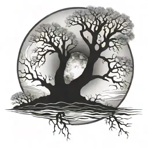 posion tree river moon surrounded tattoo design idea