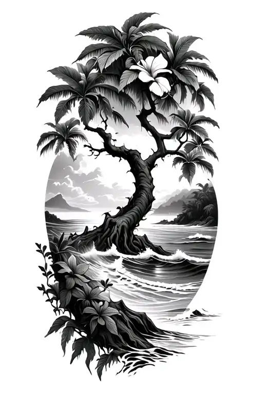 banyan tree with hibiscus vine with waves and a beach tattoo design idea