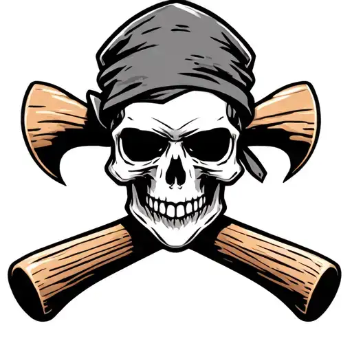 biker skull wearing a bandana holding two crossed wooden bats in the background tattoo design idea