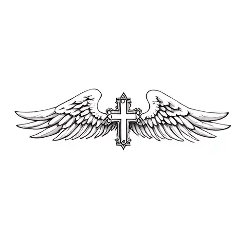 angel wings with renaissance cross in the center tattoo design idea