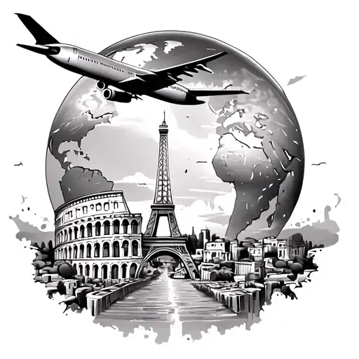 A tattoo on the trip, a world with a plane that runs, in the background the Acropolis of Athens, the Colosseum and the Eiffel Tour tattoo design idea