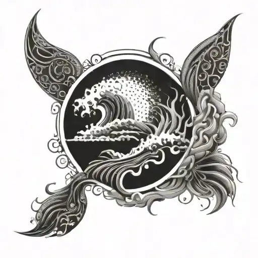 dot work black and grey samuri sat amongst the hokosi wave tattoo design idea