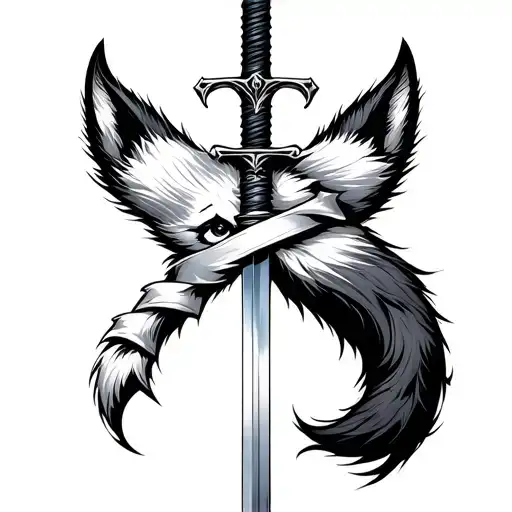 Arctic fox tail wrapped around sword tattoo design idea
