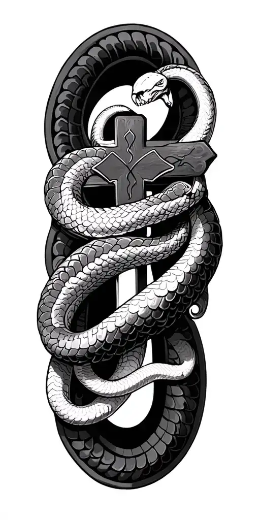snakes slithering wrapped around crucifix tattoo design idea