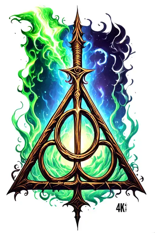 deathly hallows symbol with  elder wand green magic beam tattoo design idea