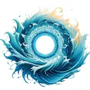 ocean waves transforming into concentric mandala patterns, abstract symmetry, depth and expansion, clean line work tattoo design idea