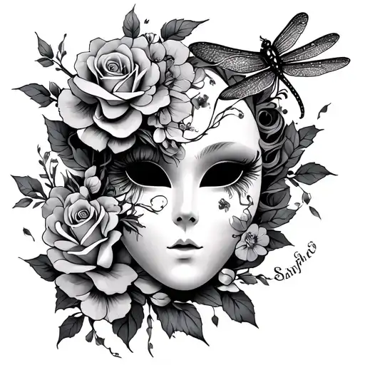 gothic mask with dragonfly coming out of the eye, roses and cherry blossoms tattoo design idea