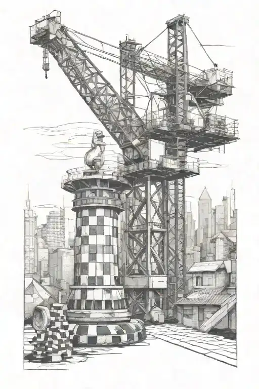 A construction crane with intricate details, symbolizing growth and progress. with a chess board and the piece rook  tattoo design idea