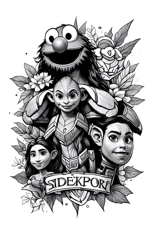 A tattoo forearm quarter sleeve that has stitch, Elmo, dobby, Avada kedavra, sideswipe the transformer, and Moana’s chic tattoo design idea