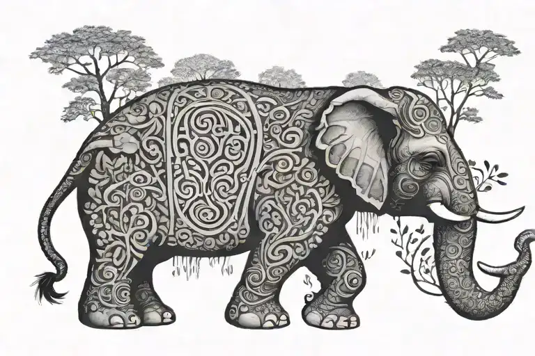 elephant with it's trunk up. Trees drawn inside the body tattoo design idea