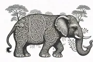 elephant with it's trunk up. Trees drawn inside the body tattoo design idea