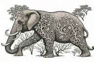 elephant with it's trunk up. Trees drawn inside the body tattoo design idea