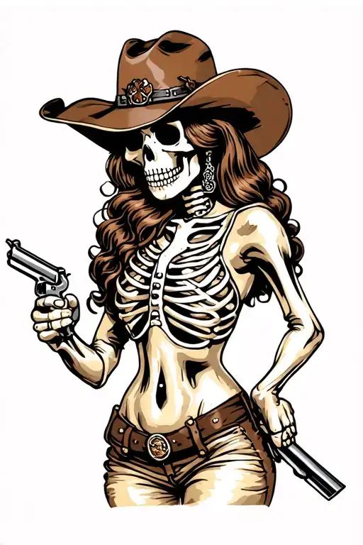 female skeleton cowgirl holding a revolver tattoo design idea