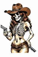 female skeleton cowgirl holding a revolver tattoo design idea