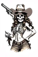 female skeleton cowgirl holding a revolver tattoo design idea