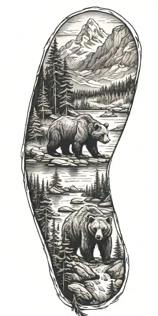 bear, forest, mountains, river tattoo design idea