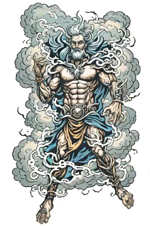 male storm god full body with clouds and lightning overhead symboliozing power colorful majestic rebirth tattoo design idea