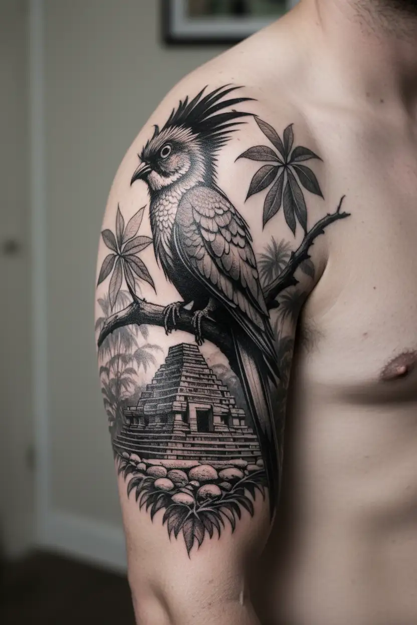 Quetzal perched on a branch infront of mayan temples with jungle and overgrown plants   tattoo design idea